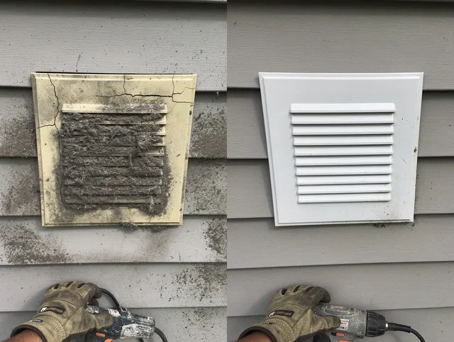 Kent Dryer Vent Cleaning technician installing high-quality dryer vent cover at a residential property in Kent