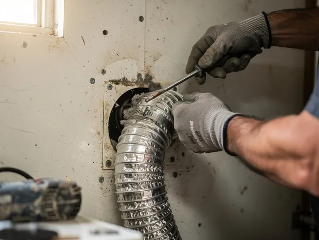 Kent Dryer Vent Cleaning technician performing precise dryer vent hose installation in Kent